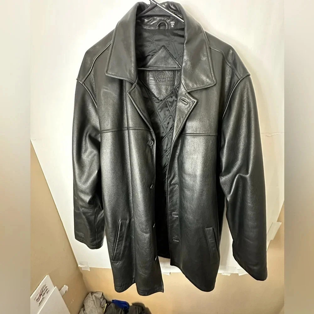 Roundtree & YorkBlack Men's Leather Button Front Jacket Coat Size XL - Picture 1 of 5